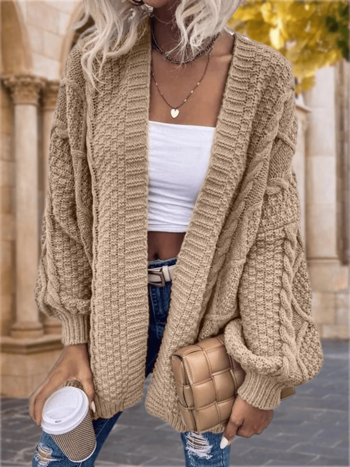 Women's Oversized Open Front Cable Knit Cardigan Lantern Sleeve Chunky Sweater Coat - 卡其色 - 查看 1