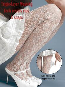 1 件提花镂空花朵黑白个性渔网袜，复古法式提花辣妹连裤袜