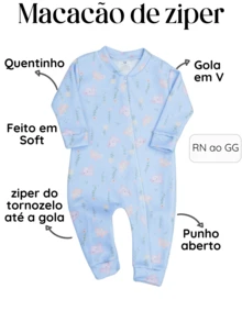 Print Macacão De Inverno Bebê Menina De Soft Quentinho Com Estampa Fofa Sublimada Facil De Vestir Roupas Para Bebê Menina - Azul - Visão 2