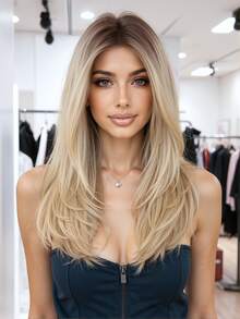 渐变金色假发，中长发，无刘海，耐热合成发，柔软，逼真，透气，适合初学者，适合女性派对、日常通勤、节日、旅游，16 英寸