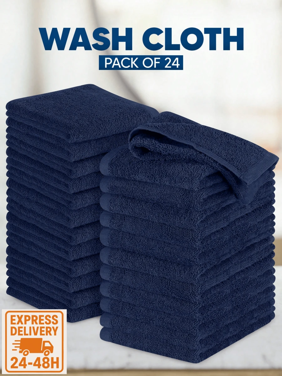 Utopia Towels 24-Pack Premium 100 % Ring-Spun Cotton Washcloths Soft Flannel Face Cloths [ EXPRESS DELIVERY ] – 24 * 30 Cm Washcloth Shower Towels, Ultra-Plush & Highly Absorbent Washcloths For Bathroom, Spa, Gym & Travel – Durable Hemmed Edges, Quick-Dry & Fade-Resistant Fibre – Machine-Washable At 30 °C, Lint-Free, Hypoallergenic Towels For Facial Cleansing, Makeup Removal, Baby Bath Time & Kitchen Use – Versatile Home Essentials And Stylish Bathroom Décor In Classic White - Navy Blue - View 1