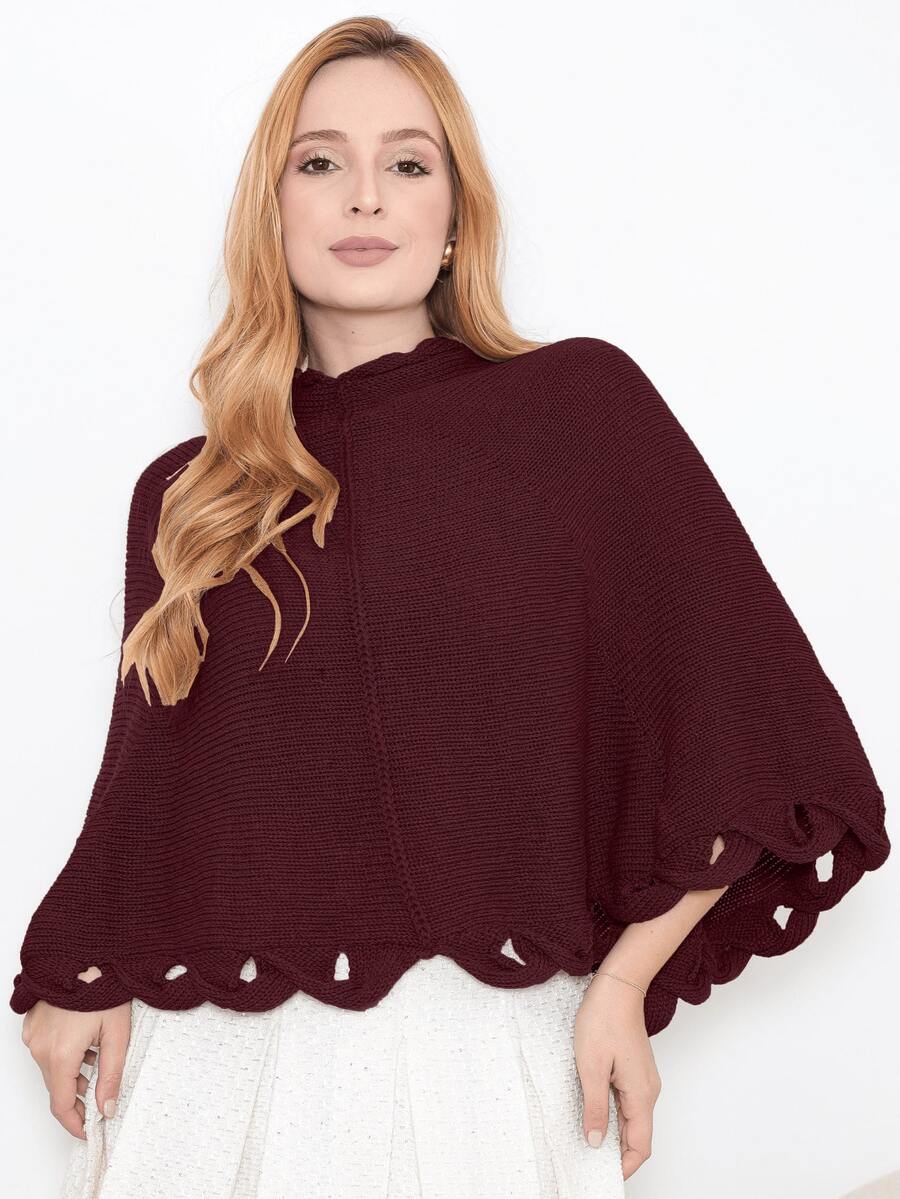 Women's Poncho Coat Knit Cape Elegant Blouse Winter Cold Warm Marrie Knit - 紅木色 - 查看 1
