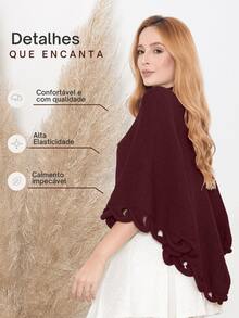Women's Poncho Coat Knit Cape Elegant Blouse Winter Cold Warm Marrie Knit - 紅木色 - 查看 2