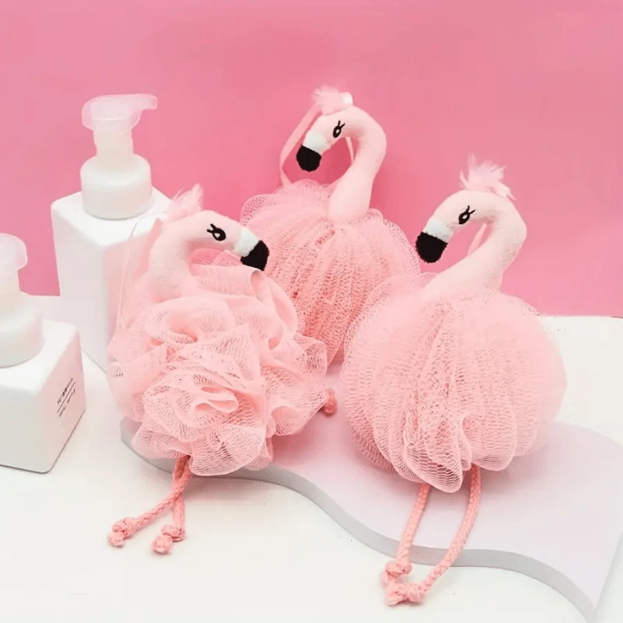 火烈鸟淋浴坐垫 - 粉色心形沐浴海绵，泡沫丰富 | 可爱的背部刷毛，花卉图案，可作为礼物赠送（毛绒泡沫机） - 彩色 - 查看 1