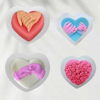 4 Pcs Romantic Heart-Frame Silicone Molds Set - Hand-Holding/Ring Hands/Rose Bouquet Designs | Easy-Release For Candle/Plaster/Resin/Clay Making, Valentine, Wedding Gift & Decor