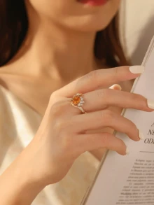 1 件优雅的 S925 银杏叶形椭圆形橙色宝石戒指，适合女性，适合节日、周年纪念、情人节、日常佩戴的礼物 - 金色 - 查看 6