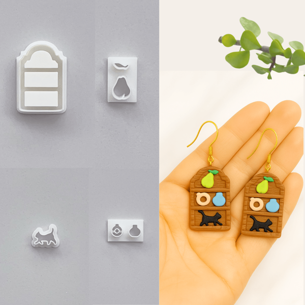 4pcs Bookshelf Decoration Mold Set, Soft Clay DIY Tools For Vase, Pear, Small Cat Sculpture Crafting