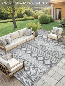 5x8 英尺户外地毯，防水塑料编织露台地毯，可翻转双面不褪色门廊垫，适用于露台阳台野餐，易于清洁，灰色和白色条纹户外房车露营垫