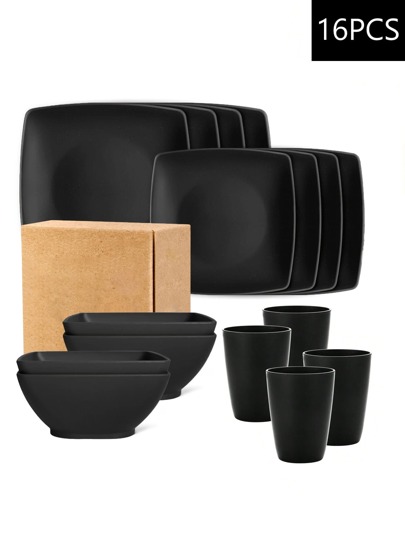 Set di stoviglie in plastica nera da 4/16 pezzi, include piatti, piatti da dessert, ciotole da dessert e grandi bicchieri, adatto per campeggio, hotel, ristorante e feste