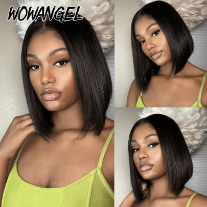 WOWANGEL Peluca de cabello humano con cierre de encaje HD real de 10 a 16 pulgadas, corte de bob recto y corto, con cierre de encaje transparente HD verdadero, peluca de encaje frontal para mujeres, cabello humano brasileño, peluca con cierre de encaje HD verdadero pre-arrancado, línea de cabello natural, color negro, densidad de 250