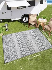 5x8 英尺户外地毯，防水塑料编织露台地毯，可翻转双面不褪色门廊垫，适用于露台阳台野餐，易于清洁，灰色和白色条纹户外房车露营垫