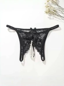 1pc Fashionable Sheer Embroidery Sexy Women Panties, Hollow-Out Pearl Massage Open Crotch Seamless Low Waist G-String Underwear, Sexy Lingerie And Sleepwear For Valentines Day, Going Out - Black - View 7