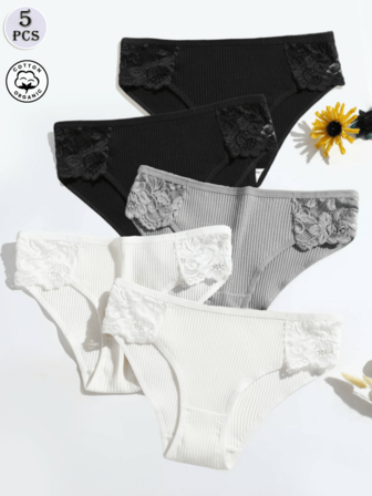 5pcs/Set Seamless Women's Low Rise Lace Briefs, Breathable Double-Layer Gusset Panties