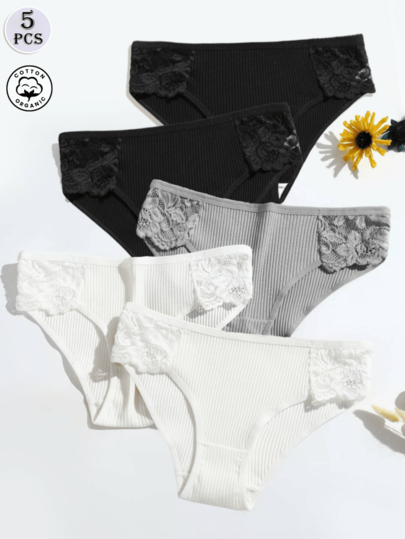 5pcs/Set Seamless Women's Low Rise Lace Briefs, Breathable Double-Layer Gusset Panties