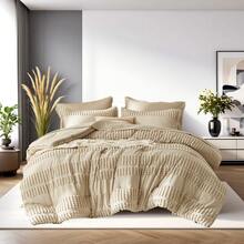 7 Pcs Chic Large Tufted Bed Comforter Sets, Soft And Comfortable Summer Bedding Sets, Hotel Bedroom Room Decoration, 1 Comforter 2/4 Pillowcases, 1 Flat Sheet And 1 Fitted Sheet, Perfect Gift For All Four Seasons - 卡其色 - 查看 1