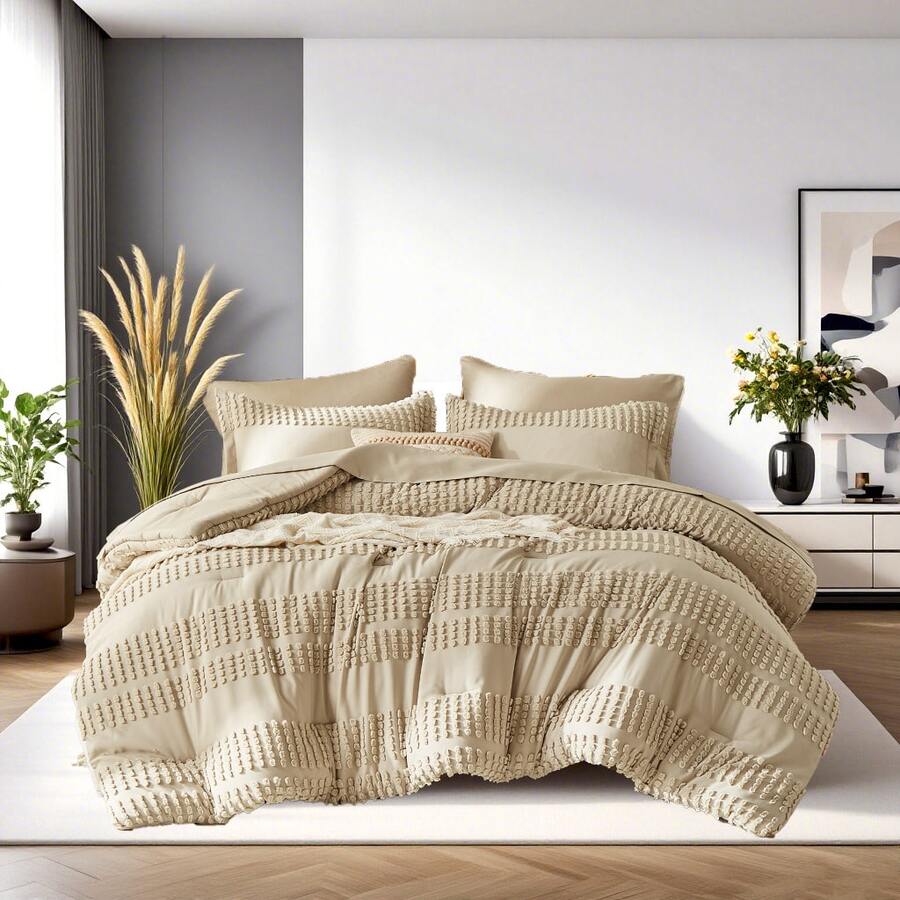 7 Pcs Chic Large Tufted Bed Comforter Sets, Soft And Comfortable Summer Bedding Sets, Hotel Bedroom Room Decoration, 1 Comforter 2/4 Pillowcases, 1 Flat Sheet And 1 Fitted Sheet, Perfect Gift For All Four Seasons - 卡其色 - 查看 1