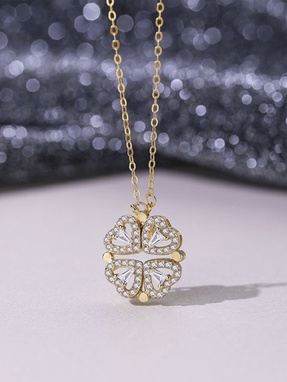 Heart Shaped Four Leaf Clover Pendant Necklace 925 Silver Jewelry Zirconia Women Love Clavicle Chain Gifts Openable Choker Jewelry