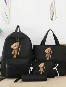 4 件套可爱熊印花实用简约背包套装书包套装，适合返校季和返校季的时尚背包，大容量单肩包，便携式铅笔袋，零钱包，学院风格 Y2k 休闲风格，适合大学生、青少年、新生、二年级学生、初中和高中学生、大学和高中学生，非常适合户外、旅行和返校
