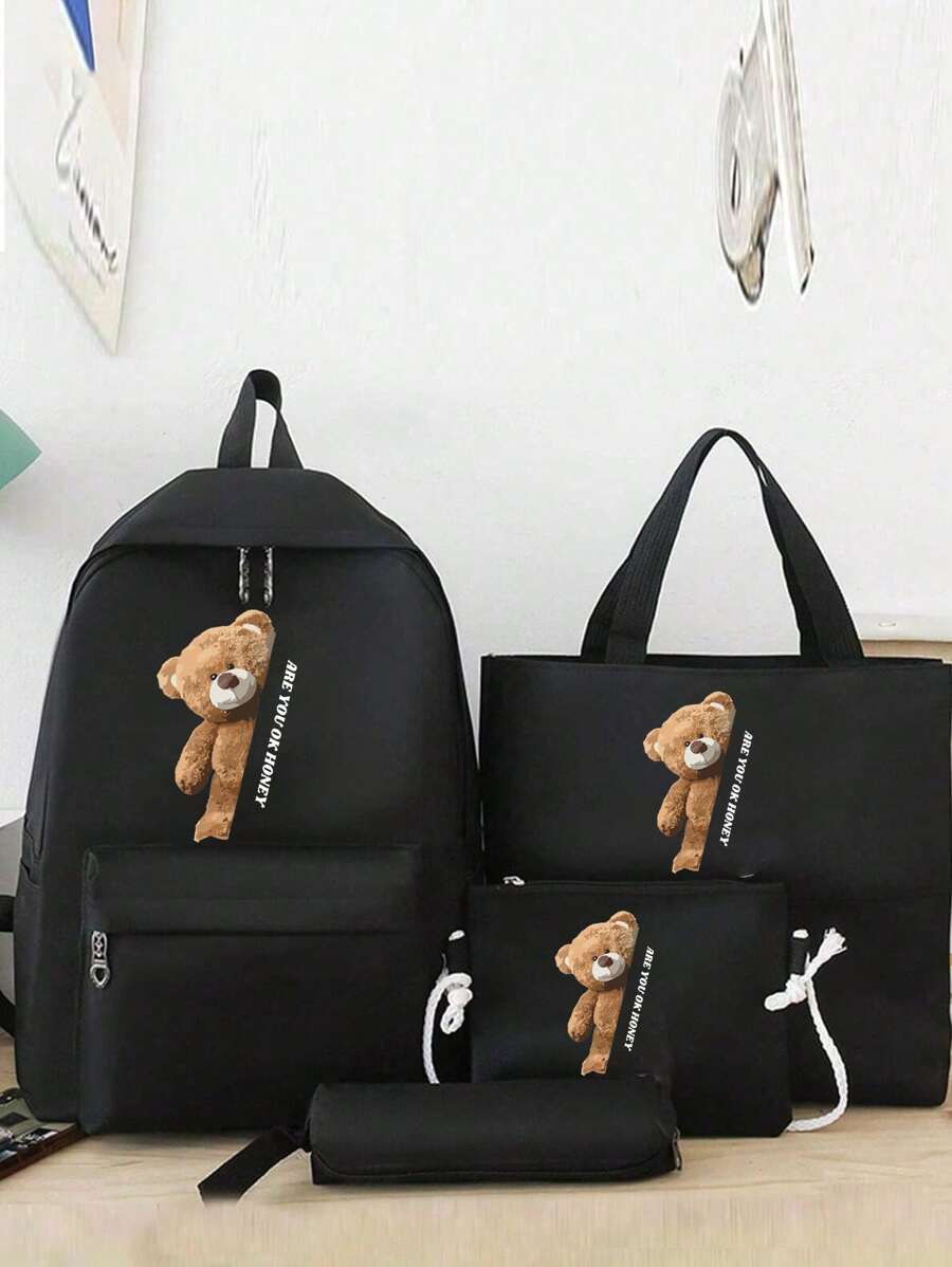4 件套可爱熊印花实用简约背包套装书包套装，适合返校季和返校季的时尚背包，大容量单肩包，便携式铅笔袋，零钱包，学院风格 Y2k 休闲风格，适合大学生、青少年、新生、二年级学生、初中和高中学生、大学和高中学生，非常适合户外、旅行和返校