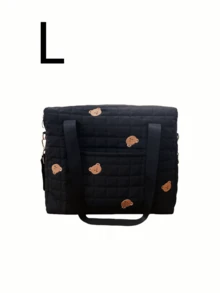 1pc Cute Embroidered Solid Black Mommy Bag With Pockets, Dual Hooks For Stroller, Portable Diaper Bag For Feeding Supplies, Suitable For All Seasons - Black - View 16