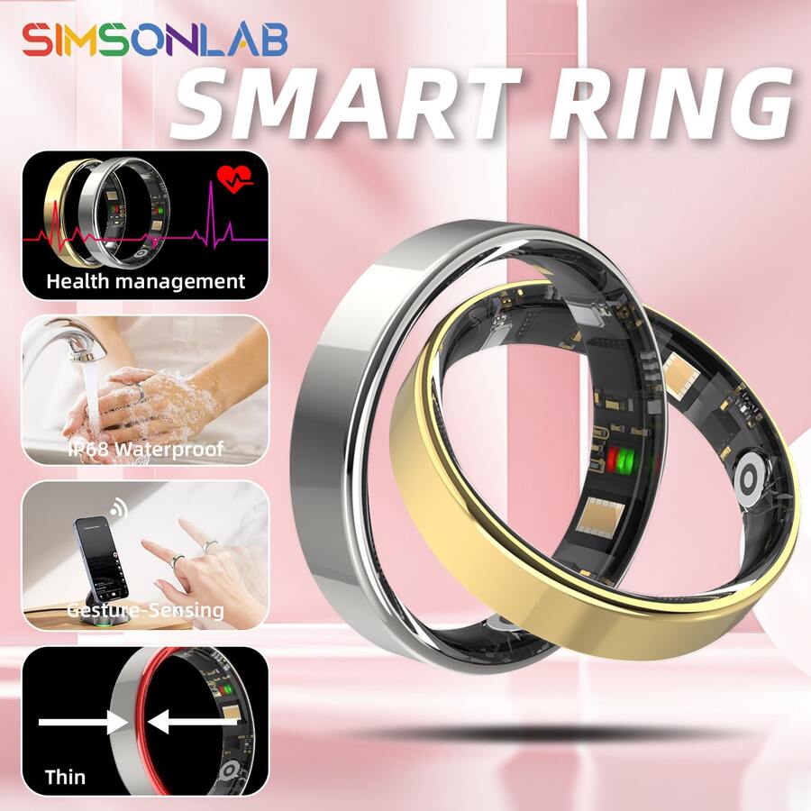 SIMSONLAB 2025 新品！智能戒指，IP68 防水，简约外观，运动模式，计步器，玫瑰金，手机控制，男女通用，礼物，窄戒指 - 黑色 - 查看 1