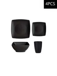 4/16 件套塑料黑色餐具套装，包括盘子、甜点盘、甜点碗和大玻璃杯，适用于露营、酒店、餐厅和派对