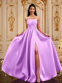 VIPGIRL Rochie de seară liliac cu un umăr, model floral 3D, liliac, linie A, rochie elegantă de bal din tul despicat, rochie de domnișoară de onoare, rochie formală, rochie de absolvire, rochie de invitată la nuntă, rochie de petrecere lungă până la podea, rochie de primăvară-vară