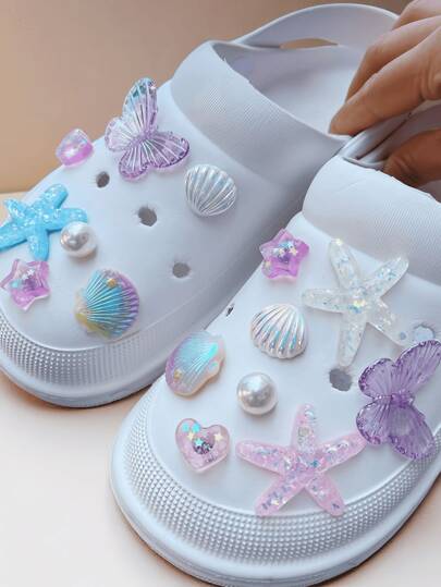 15 Stücke Harz Seestern & Muschel Serie DIY Mode Loch Schuh Dekoration, geeignet für Sandalen, Hausschuhe, Alltagskleidung, Reisen, Strand, perfektes Sommergeschenk (Herz, Stern zufällig)