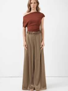 HZXVIC 女士新款高腰纯色腰带缎面纹理休闲阔腿裤，办公室 - 卡其色 - 查看 5