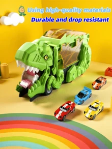 三合一儿童恐龙变形集装箱卡车，霸王龙造型，便携式可折叠轨道，合金车身，多种玩法，亲子互动玩具，适合作为3-12岁男孩女孩的礼物。