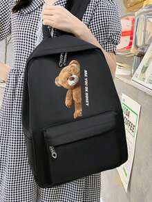 4 件套可爱熊印花实用简约背包套装书包套装，适合返校季和返校季的时尚背包，大容量单肩包，便携式铅笔袋，零钱包，学院风格 Y2k 休闲风格，适合大学生、青少年、新生、二年级学生、初中和高中学生、大学和高中学生，非常适合户外、旅行和返校