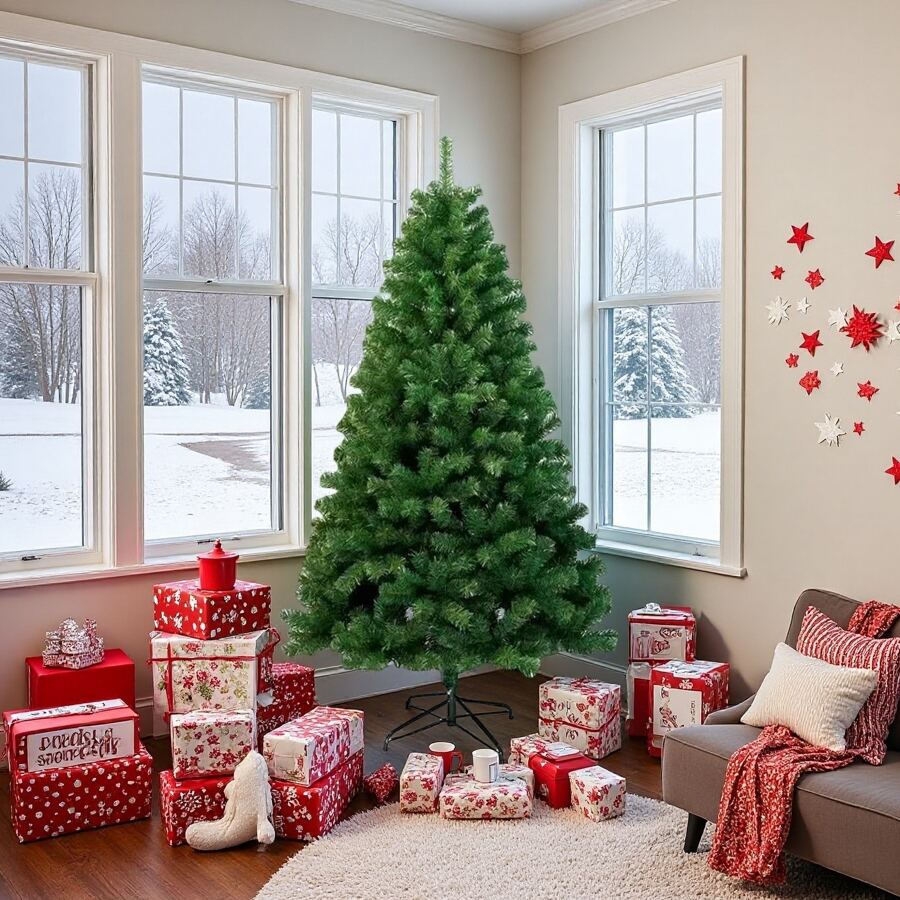 1 pieza Árbol de Navidad artificial denso verde, de 210cm de altura para decoración navideña del hogar, decoración de habitación, decoración de invierno