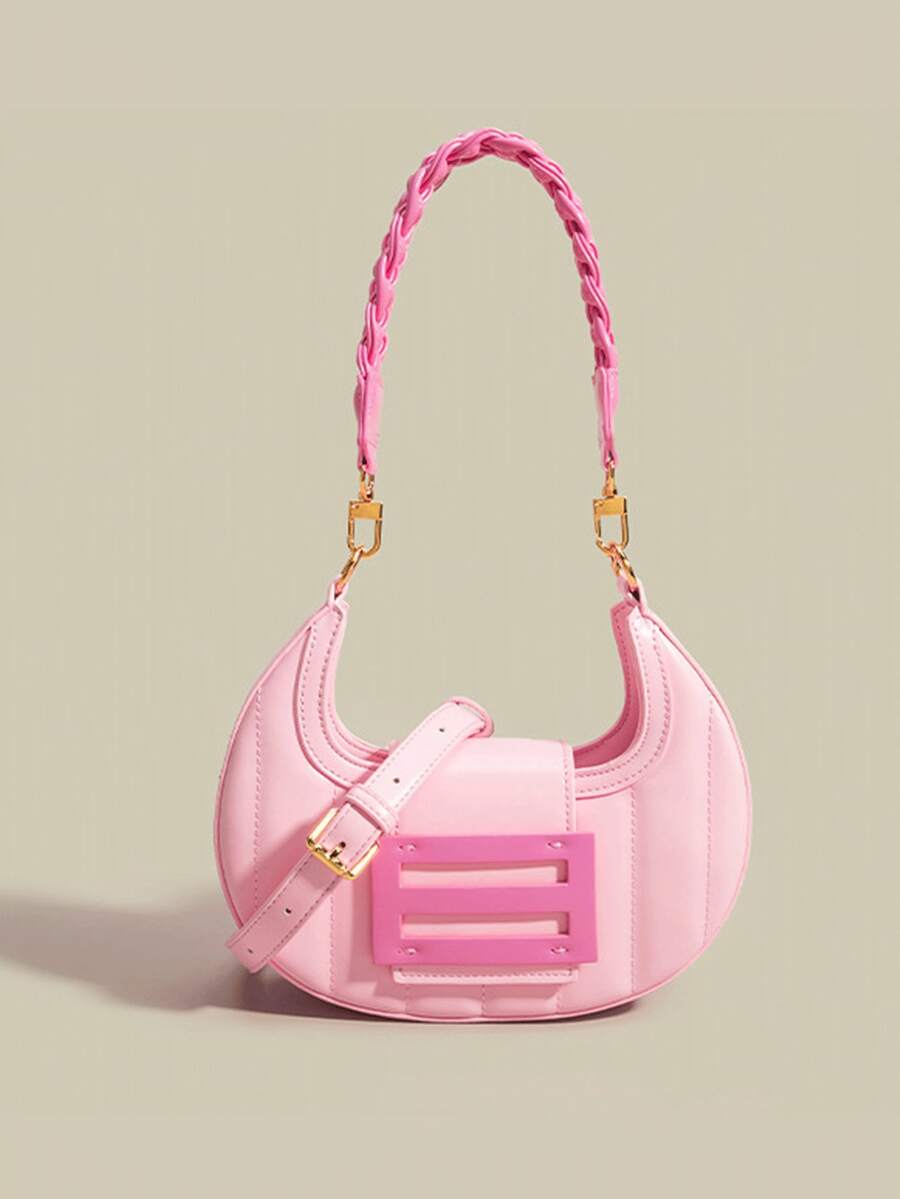 时尚经典百搭纯色PU防水面料单肩包，绗缝设计腋下新月包，金属扣装饰，编织肩带女士钱包，可斜挎，商务通勤包，适合逛街、上班通勤、派对聚会、搭配服饰、大学生使用。