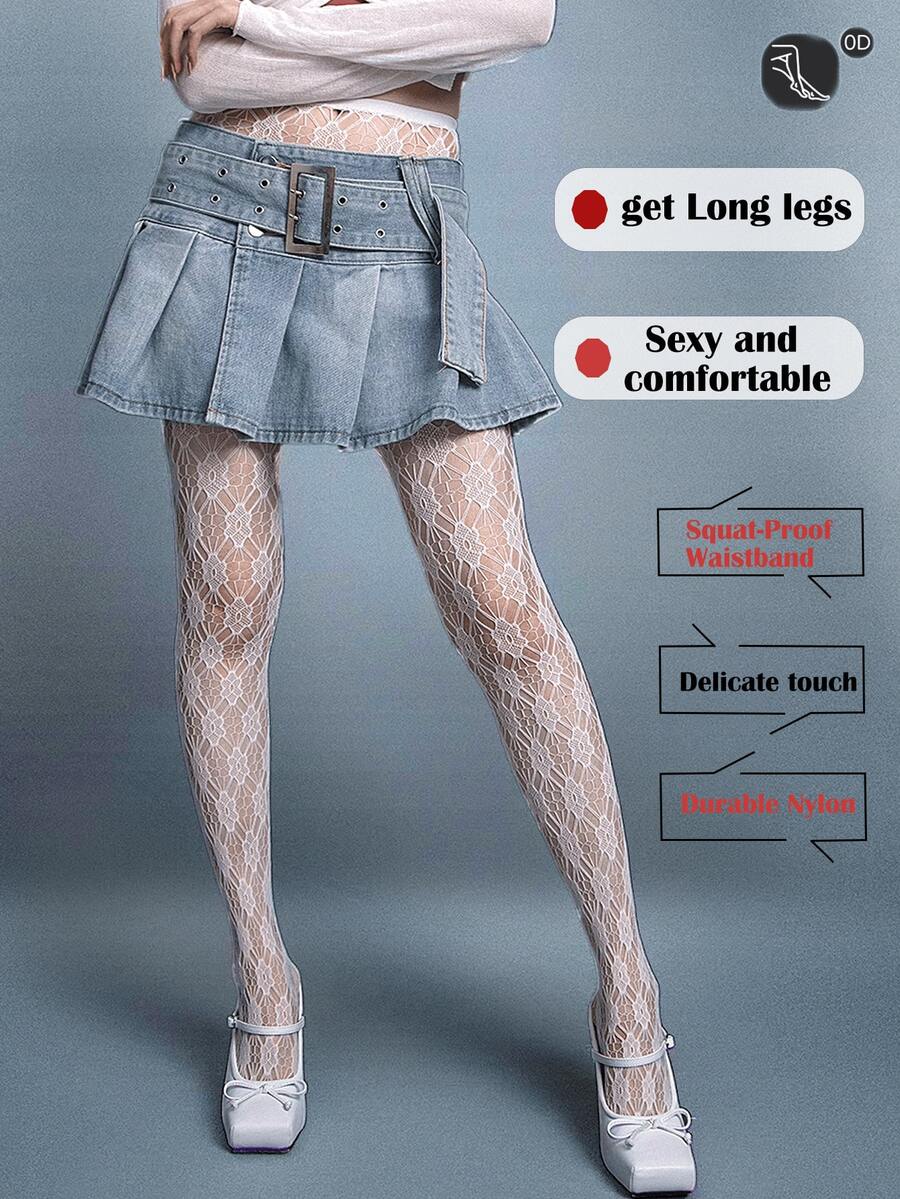 1 件提花镂空花朵黑白个性渔网袜，复古法式提花辣妹连裤袜