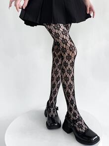 1 件提花镂空花朵黑白个性渔网袜，复古法式提花辣妹连裤袜