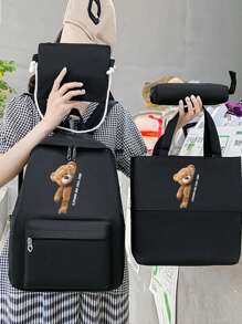4 件套可爱熊印花实用简约背包套装书包套装，适合返校季和返校季的时尚背包，大容量单肩包，便携式铅笔袋，零钱包，学院风格 Y2k 休闲风格，适合大学生、青少年、新生、二年级学生、初中和高中学生、大学和高中学生，非常适合户外、旅行和返校