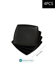 4/16 件套塑料黑色餐具套装，包括盘子、甜点盘、甜点碗和大玻璃杯，适用于露营、酒店、餐厅和派对