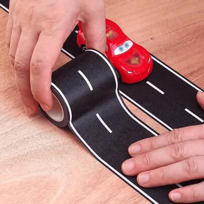 Pegatinas reutilizables de pista de carretera con dibujos animados, coches y cinta - Cinta de poliuretano negro / Para decoración de fiesta de carreras, DIY de tráfico vial / Pegatinas adhesivas para coches / Decoración con temática de coches (5m X 5cm por pieza) Suministros para scrapbooking, pegatinas divertidas, pegatinas para portátil, pegatinas para Kindle, pegatinas para teléfono