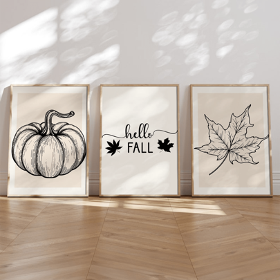 3 sztuki/zestaw jesiennych wydruków ściennych, jesienne plakaty ścienne, czarne, beżowe jesienne wydruki, jesienna dekoracja, jesienny nadruk liści, jesienny plakat dyniowy, oprawiony lub nieoprawiony, wystrój pokoju, wystrój domu, wystrój akademika, prezenty do dekoracji ściennej w hotelu, domu, salonie, sypialni, łazience i biurze
