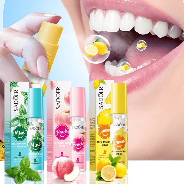Atomizador bucal refrescante de limón/menta/melocotón para eliminar el mal aliento, spray bucal con sabor a fruta para refrescar el aliento de forma instantánea, no estimula la cavidad oral, los frascos pequeños son fáciles de llevar.