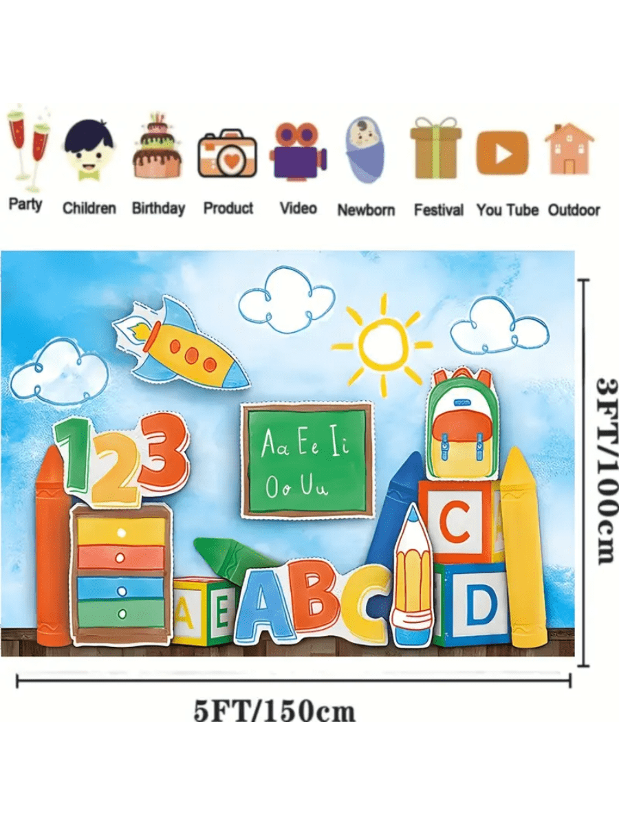 1x Welkom Terug Fotografie Achtergrond - Levendige Blauwe Lucht Met Alfabet ABC & Kleurrijke Kleurpotloden Ontwerp - Perfecte Feestdecoratie Banner Voor Feestelijke Evenementen & Foto-rekwisieten