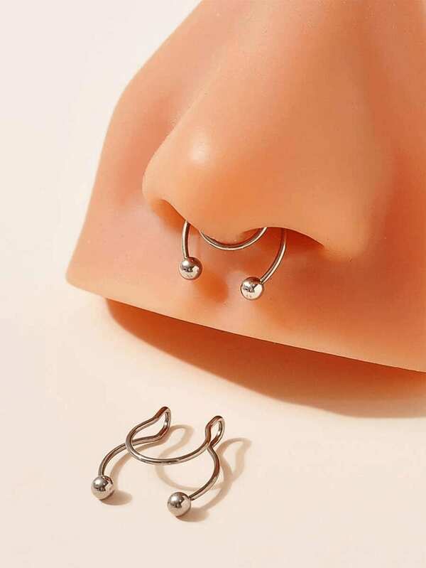 Two Stainless Steel Shaped Nose Clips, Suitable For Women's Exclusive Nose Rings And Nose Accessories With Body Perforations, Available In Silver. No Hole Design, With Fake Nose Rings, Punk Style, Hip-Hop Style, D-Shaped Nose Rings