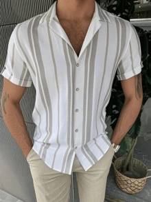 Men's Casual Simple Colorblock Striped Print Comfortable Versatile Shirt - Grey - View 4