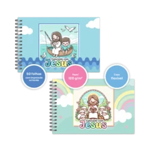 Colorindo com Jesus 50 desenhos em 50 folhas impressas em offset 120 gramas com capa mole laminada e acabamento em espiral plástico - cor - Visão 2