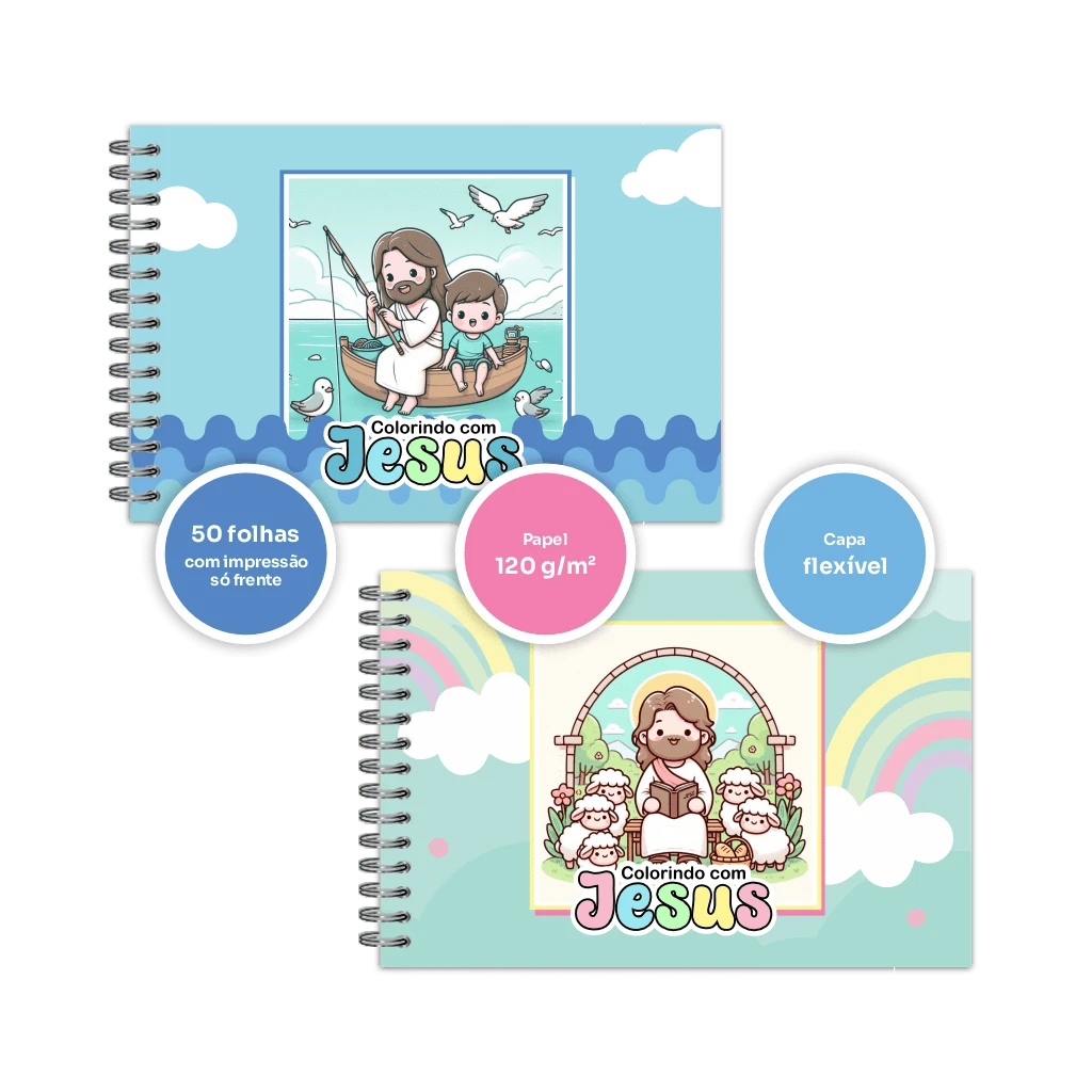 Colorindo com Jesus 50 desenhos em 50 folhas impressas em offset 120 gramas com capa mole laminada e acabamento em espiral plástico