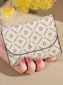 1PC Classic Heart Pattern Women's Short Clutch Wallet, Coin Purse, Zipper Pockets, Button Closure, PU Leather Retro Credit Card Case Bag For Daily Use, Travel, Women's Fashion Accessories