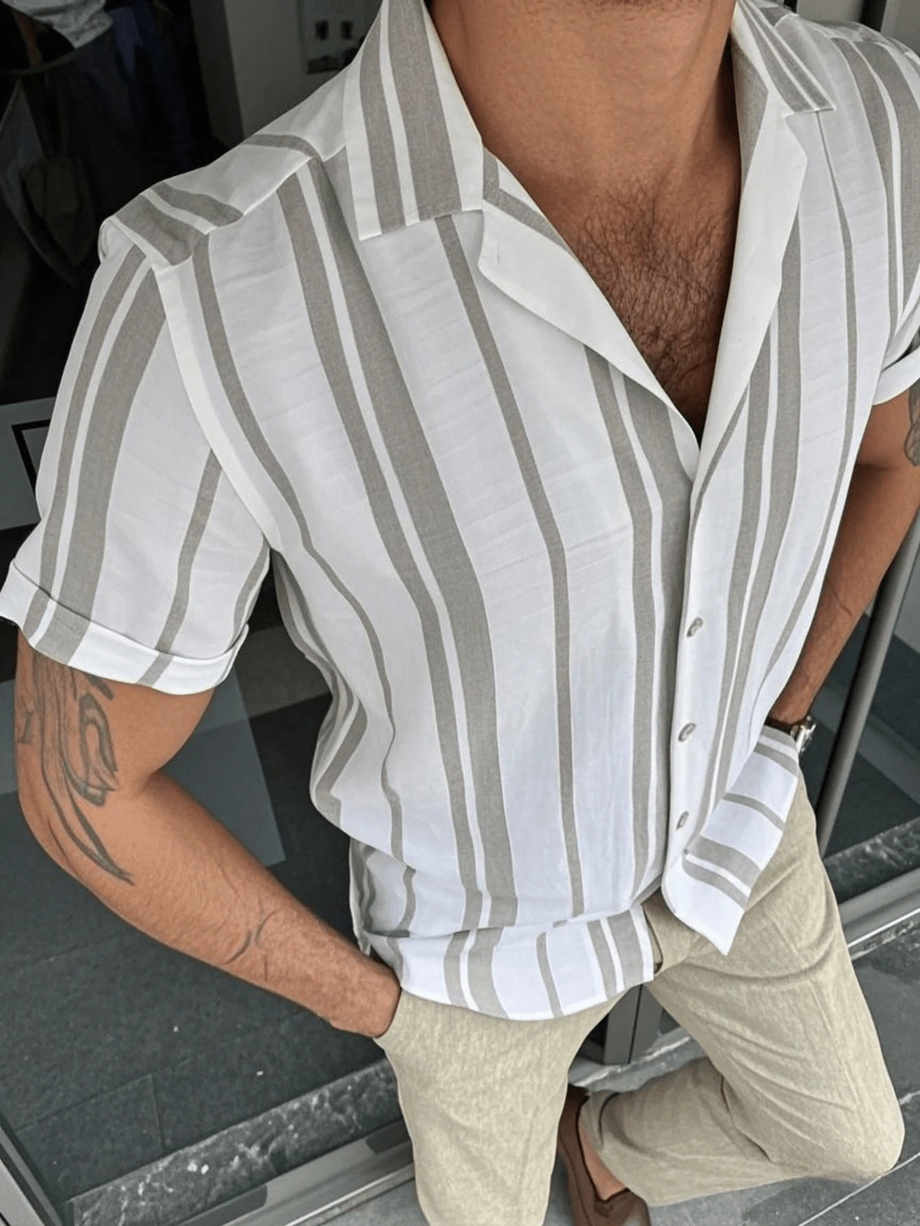 Men's Casual Simple Colorblock Striped Print Comfortable Versatile Shirt - Grey - View 1