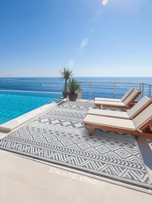 5x8 英尺户外地毯，防水塑料编织露台地毯，可翻转双面不褪色门廊垫，适用于露台阳台野餐，易于清洁，灰色和白色条纹户外房车露营垫