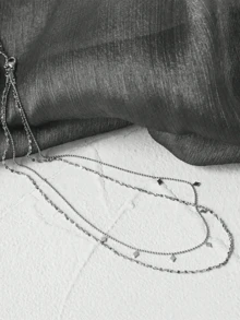 2pcs/Set Women Stainless Steel Golden Layered Rhombus Tassel & Glitter Flower Pendant Necklace (Pendant Quantity Random) - Yellow Gold - View 14