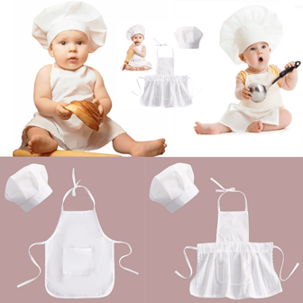 Baby Growth Photography Props Chef Apron & Hat Set, White Baby Boy & Girl Kitchen Outfit, First Chef Experience